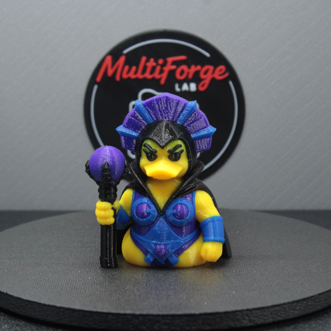 Evil Ducklyn dash duck front view - purple and blue sorceress villain rubber duck with feathered headdress and skull staff by MultiForge Lab