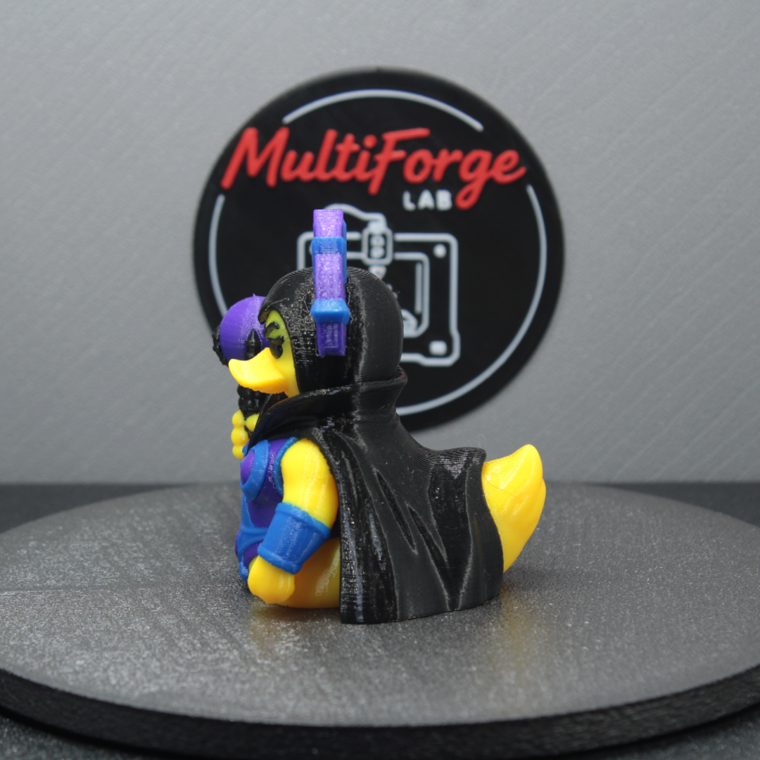 Side profile of Evil Ducklyn villain-themed jeep dash duck showing cape silhouette and purple gem headpiece - MultiForge Lab 3D print