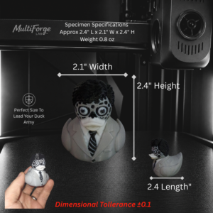 Specification Graphic for the Fascinator Duck showing dimensions of 2.4 in length, 2.1 in width, 2.4 in height, and 0.8 oz weight, with a hand-held scale reference