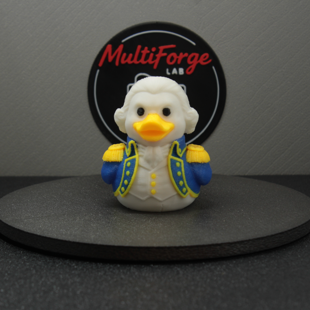 George Washington Dash & Cruise Duck front view with white hair, yellow bill, blue coat, and gold epaulettes.