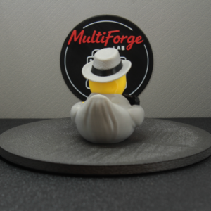 Back view of Speakeasy Kingpin duck featuring a grey fedora with black band and gray suit