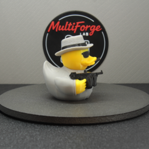 Side profile of Speakeasy Kingpin cruise duck showing gray suit, grey fedora and black prop gun
