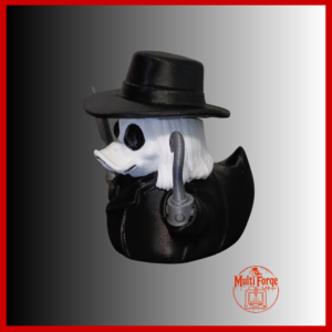 Slasher Puppet Duck figurine with hook hand and fedora, front three-quarter view